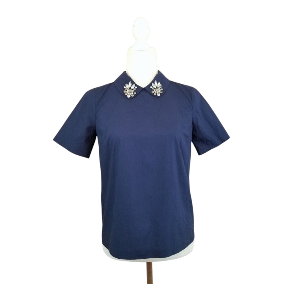 Madewell women's blue jeweled collar short sleeve button back 100% cotton sz XS